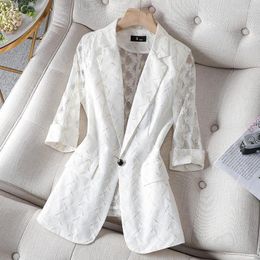 Women's Suits V-neck White Women Blazer 2023 Elegant Lace Hollow Out Thin Summer Blazers Lady Office Suit Jackets Coat Slim Tops