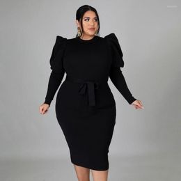 Plus Size Dresses O-Neck Solid Lace Up Knee-length Long Sleeve Elegant Women's Overalls Party Dress High Street Sheath Full