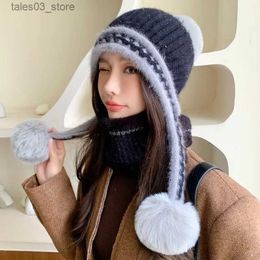 Beanie/Skull Caps New Fall and Winter Padded Ear Protection Knitted Wool Hat Ladies Fashion Hanging Ball Warm Neck Set Northeast Ski Caps Q231130