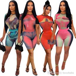 Women Tracksuits Two Pieces Set Designer 2023 New Tie Dye Positioning Printing Round Neck Short Sleeve Shorts Set Sportwear 4 Colours