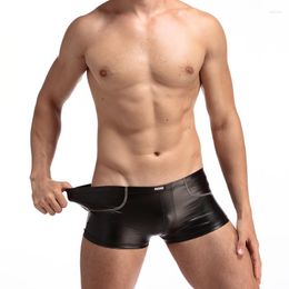 Underpants Sexy Fashion Faux Leather Elastic Men Mini Boxers Underwear Male Gay Penis Pouch Shorts Lingerie Size M L XL