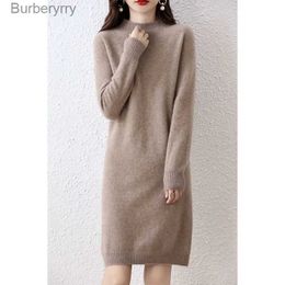 Basic Casual Dresses High end Elegant Fashion Sweater Women's Dress 100% Wool Knitted Long Sle Knee Length Dress New 2023 Autumn/WinterL231130