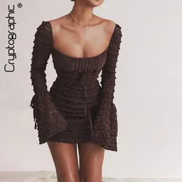 Casual Dresses Drawstring Ties Detail Sexy Floral Lace Mini Dress Outfits For Women Club Party Rich Brown Flare Sleeve