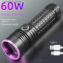 Torches 60W 365NM UV Flashlight High Power Type-c Rechargeable Portable Waterproof 26650 Uv Torch linterna ultravioleta Q231130