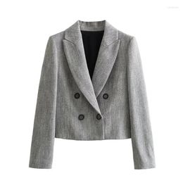 Women's Suits 2023 Twill Cropped Blazer Women Double Breasted Jacket With Shoulder Pad Woman Long Sleeve Blazers For