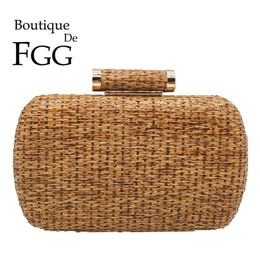 Boutique De FGG Straw Women Metal Clutches Chain Shoulder and Crossbody Bags Ladies Party Cockatail Evening Clutch Purse 220316313L