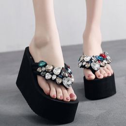 Slippers Heart-shaped Rhinestone Decorate Sandals Women Colourful Crystal Flip Flops Super High Heels Ladies Handmade Platform 42