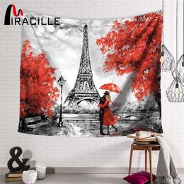 Miracille Europe Romantic City Paris Eiffel Tower Pattern Tapestry Wall Hanging for Home Decorative Polyester Wall Cloth Carpet T2259w