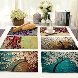 Table Mats Plant Series Cotton Linen Fabric Western Placemat Three-dimensional Oil Painting Tree Flowers Pattern PlacematPla