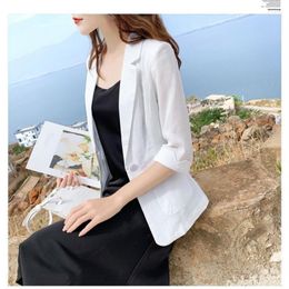 Women's Suits Summer Thin Linen Blazer Women's 2023 Casual 3/4 Sleeve Cotton Breathable Button Commuter White Coat Women