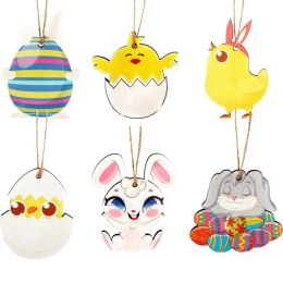 Easter Wooden Ornaments Chicken Bunny Shaped Wood Craft Hanging Pendant with Rope for Easter Party Decor RRA11625 ZZ