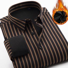 Men's Casual Shirts Winter Fashion Business Men's Striped Thermal Shirt Thick Fleece Plus Size Stretch Long Sleeve