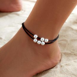 Anklets Adjustable Chain Anklet Boho Black Wax Thread Women Summer Beach Barefoot Imitation Pearl Pendant Ankle Foot Jewelry