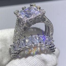 Whole-Brand New Vintage Fashion Jewelry 925 Sterling Silver Princess Cut White Topaz CZ Diamond Women Wedding Bridal Ring Set 270B