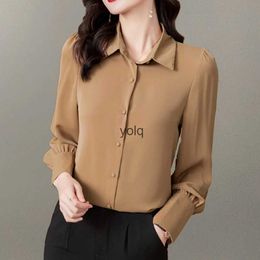 Women's Blouses Shirts Womens Long Sleeve Solid Simple Vintage Formal Ladies Basic Tops Female Casual Cloingyolq