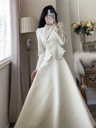 Work Dresses High Fashion White Two Piece Set 2023 Autumn Elegant Button Up Tassels Tops Long Skirt Sets Designer Vintage Women Outfits