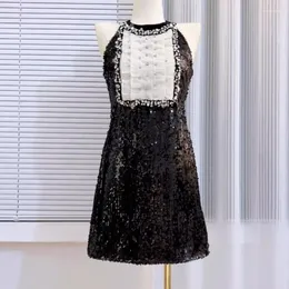 Casual Dresses Beading Full Sequins Sparkling Sexy Black Evening Party Dress O-Neck Sleeveless A-Line Short 2023 Autumn Winter Fashion