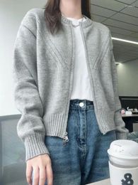 Women's Knits Grey Zipper Knitted Sweater Coat Women Long Sleeve O-neck Loose Female Sweaters 2023 Spring Autumn Casual Knit Cardigan Tops