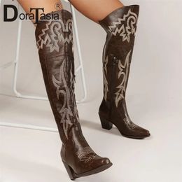 Boots Female Pointed Toe Thigh High Fashion Embroider Sewing Tube womens Cowboy Thick Heels Vintage Woman Shoes 231130