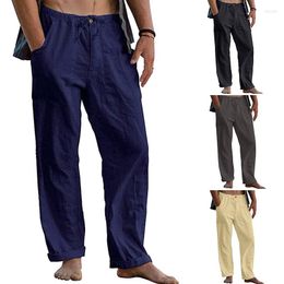 Men's Pants Men Casual Solid Colour Long Pant Cotton Linen Wide Leg Elasticated Waist Male Trousers Breathable Summer Loose Large Size