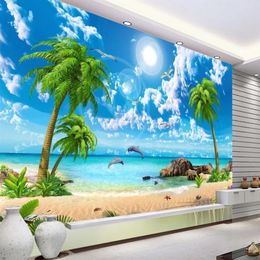 HD Beautiful Wallpaper Sea coconut beach Landscape 3D Wallpapers For Living Room Sofa TV Backdrop211l