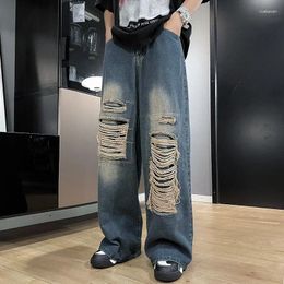 Men's Jeans Foufurieux American Style Ripped Spring Autumn Beggar Pants Loose Causal Wide-leg Mopping Trousers Male Clothes