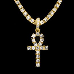 Egyptian Ankh Key of Life Necklaces Mens Iced out Bling crystal Cross Pendant Gold Silver Tennis chain For women Rapper Hip Hop Je244I