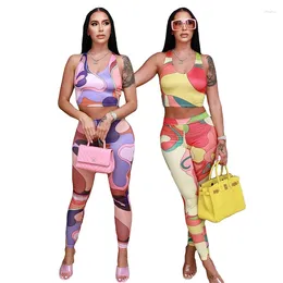 Women's Two Piece Pants Ladies Summer Retro Street Trousers Set Printed Sleeveless O-Neck Sexy T-Shirt With Same Slim Bottoming