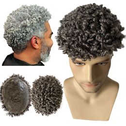 Burmese Virgin Human Hair Systems 10mm curly #1b50 Grey Thin Skin Knots PU Toupee 8x10 Male Wig for Old Black Men