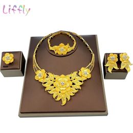 Wedding Jewelry Sets Liffly Indian Charm Bridal Flower Necklace Bracelet Earrings Ring Crystal Party Fashion Set 231130
