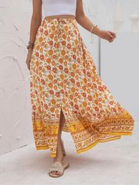 Skirts Ladies Bohemian Long Womens Boho Holiday Elegant Retro Casual High Elastic Waist Split Summer Women Skirt Female Faldas