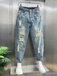 Men's Jeans With Holes Trousers Stretch Broken Man Cowboy Pants Torn Elastic Harem Ripped Y2k Vintage Original Xs Casual Loose