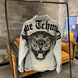 Trendy Brand Tiger Head Denim Jacket Leopard Ruffian Handsome Heavy Industry Hot Diamond Mens and Womens Jackets Trendy Cool Street Clothing