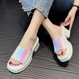 Slippers 2023 Summer Fashion Mid Heels Shoes Women Sandalsr Chunky Flip Flops Casual Slingbacks Beach Zapatos Mujer Slides