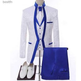 Men's Suits Blazers White Blue Men Suit For Wedding Groom Tuxedos Shl Collar Formal Jacket Blazer Pants Vest Three Piece Come HommeL231130