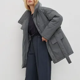 Women's Trench Coats Fashion Winter Parkas Elegant 2023 Zip-up Stand Collar High Waist Bandage Tunics Cotton Grey Long Jacket With Belt