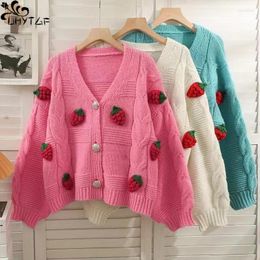 Women's Knits UHYTGF Knitted Cardigans Coat Autumn Strawberry Three-Dimensional Hook Flower Single Breasted Long Sleeve Female Sweater