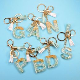 Keychains Cute Keyring Green Tassel Fur Ball 26 Letter Keychain Resin Key Chains Handbag Charms For Woman Ornaments Accessories Gift