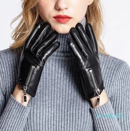 Fingerless Gloves Sumusan Women Touch Screen Genuine Leather Black Winter Thick Warm Lady Waterproof Goat Mittens