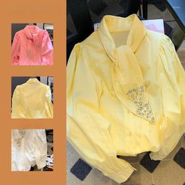 Women's Blouses Beaded Shine Women Shirts Summer Design 2023 Bow Neck Lantern Sleeved Solid Elegant Office Lady Outwear Tops