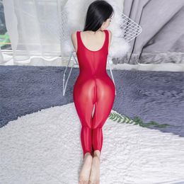 Women's Two Piece Pants Soft High Elastic See Through Bodysuit Adult Club Dance Rompers Oil Glossy Zipper Open Crotch Jumpsuit Women Sexy Sm