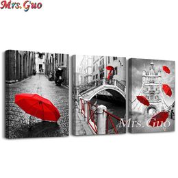 Stitch 3pcs Diamond Embroidery Full 5d Diamond Mosaic Cross Stitch Triptych CableBridge Red Umbrella Rain Scene DIY landscape Decor