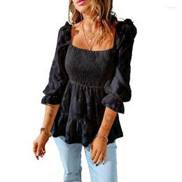 Women's T Shirts Summer Women's Tops Solid Color Square Collar Seven-point Sleeve Chiffon Shirt Ruffle Edge Of The Hundred With Female