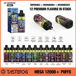2023 Tastefog Mega 12000+ puffs disposable vape 12k puff 2% mesh coil refillable disposable e-cigarette 12 flavors in stock