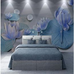 Wallpaper 3d Sfondi tridimensionali Relief loto Pond Moonlight Living Room Decorazione della parete Painting233W