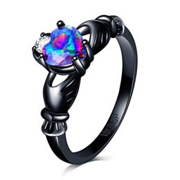 Rainbow Opal Claddagh Female Colourful Heart Ring Fashion Black Gold Filled Vintage Wedding Rings Women anillo whole261B