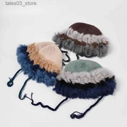 Beanie/Skull Caps New Fashion Female Autumn and Winter Splicing Hand Hook Knitted Hat Women Korean Version Warm Thickened Russian Hat for Lady Q231130