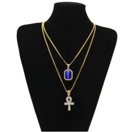 Hip Hop Egyptian Iced Out Key of Life Ankh Cross Pendant 24 Chain Necklace with Red Ruby Pendant Necklace Jewellery Set325A