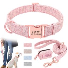 Dog Collars Leashes Personalized Dog Collar With Leash Custom Dog Waste Bag Dispenser Engraved Pet Collar Walk Lead Outdoor Pet Poop Bag Portable 231129