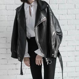 Women's Leather Streetwear Faux Soft Pu Jacket Black Long Sleeve Pocket Moto Biker Coat With Belt Zipper Belted Motorcycle OUTWEAR